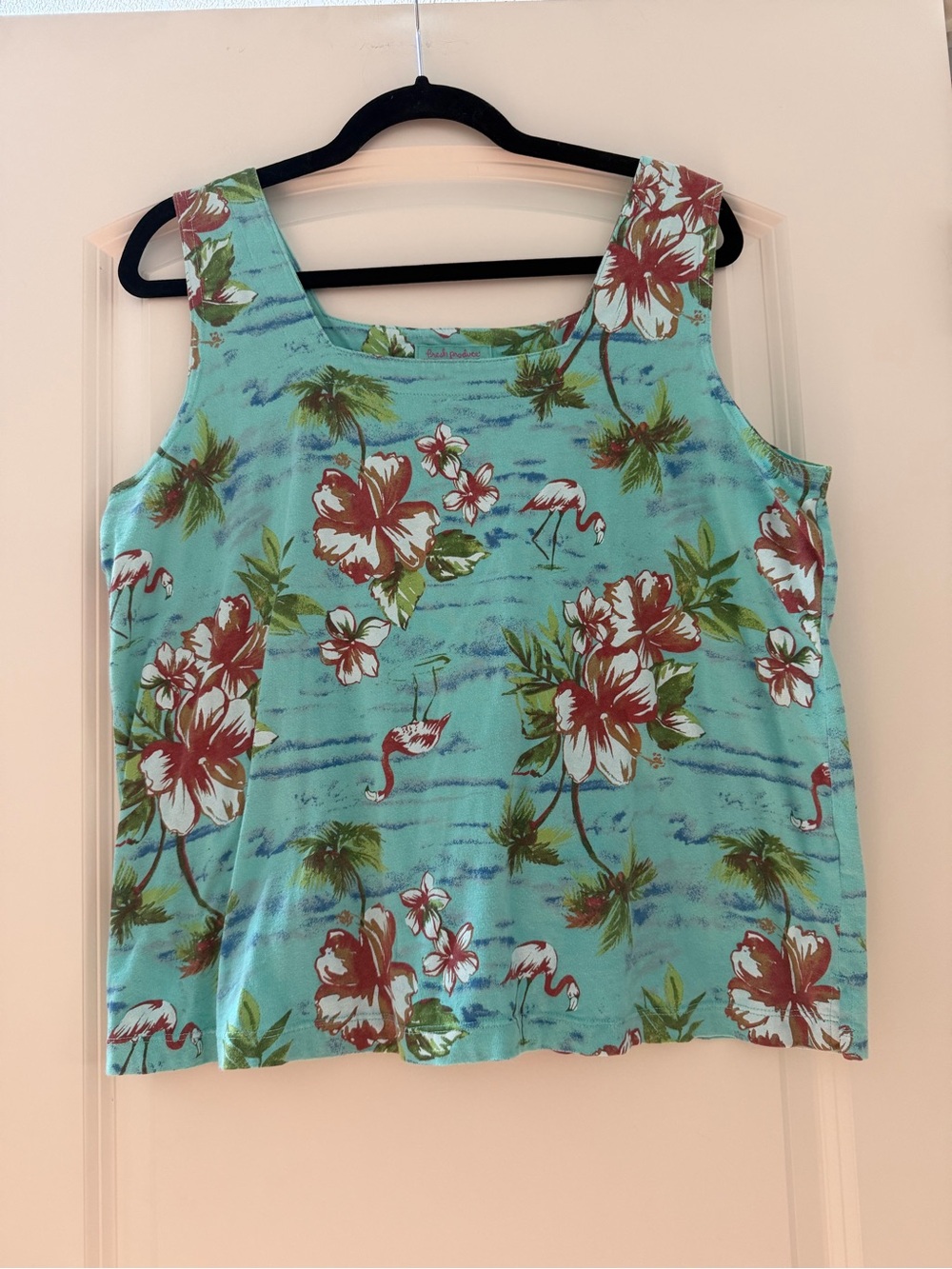 Fresh Produce Square Neck Tank w Flamingos and Hibiscus Flowers. Tropical. Beach